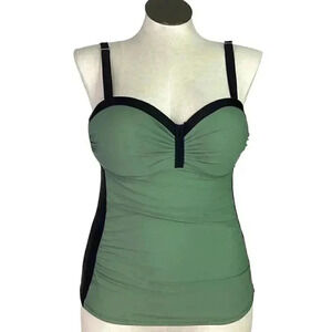 Younique Women L Ruched Two Tone Tankini Top Green Black Underwire Padded NEW